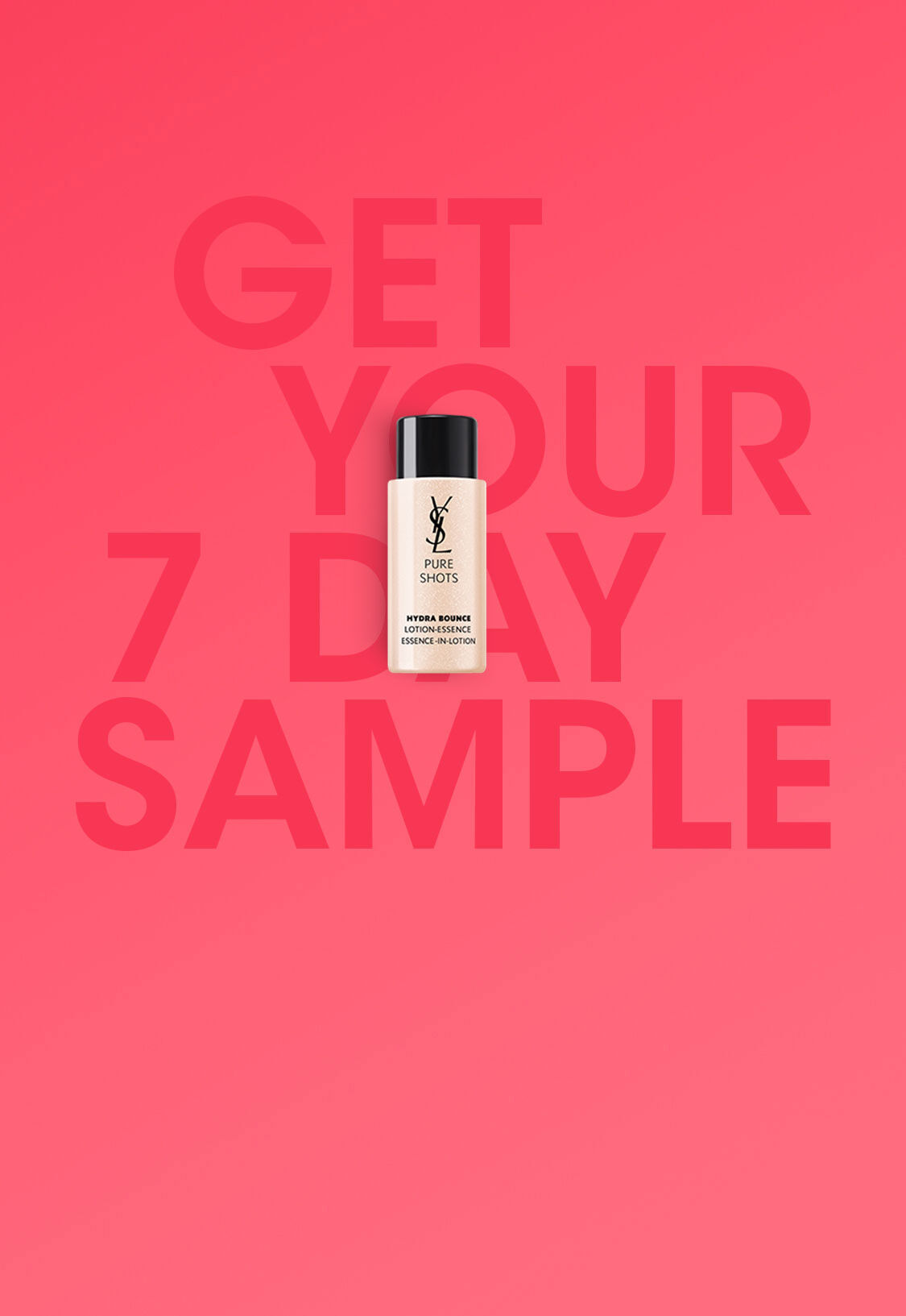 A bottle of foundation on a bright pink background with the text, "GET YOUR 7 DAY SAMPLE" underneath it.