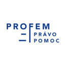 „PROFEM PRAVO POMOC“-Logo in stilisierten blauen Buchstaben mit einer vertikalen und zwei horizontalen Linien, in einem weißen Kreis.