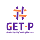 „#GET-P Gender Equality Training Platform“-Logo mit einem stilisierten lila-orangen Hashtag uber dem Text, in einem weißen Kreis.