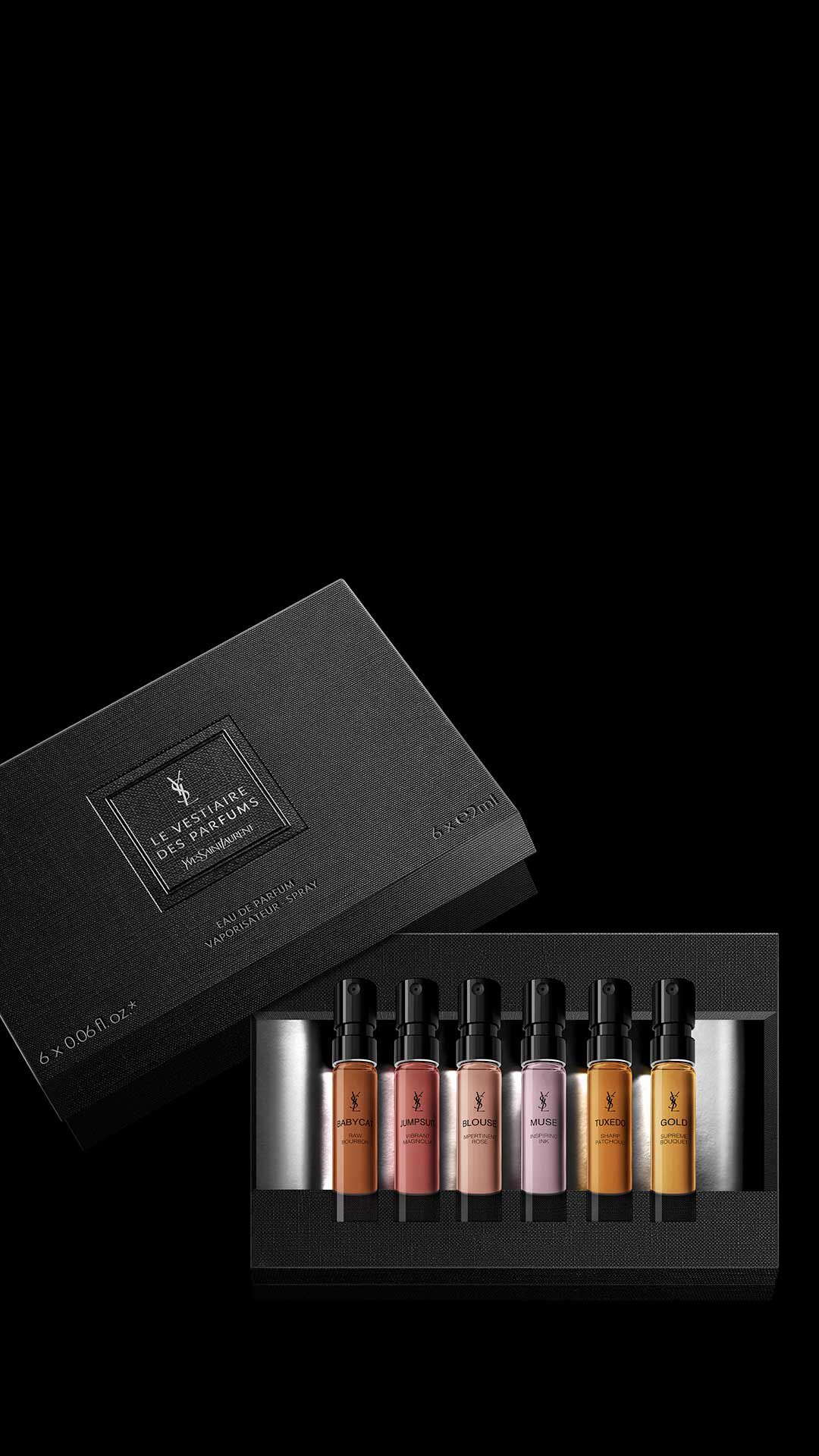 Yves Saint Laurent Le Vestiaire des Parfums Entdeckungsset mit sechs 2-ml-Duftminiaturen in einer schwarzen, strukturierten Box.