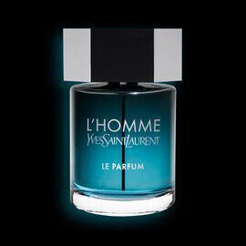 A bottle of Yves Saint Laurent's L'Homme Le Parfum, featuring a sleek design with a dark cap and a gradient blue-green liquid, set against a black background.
