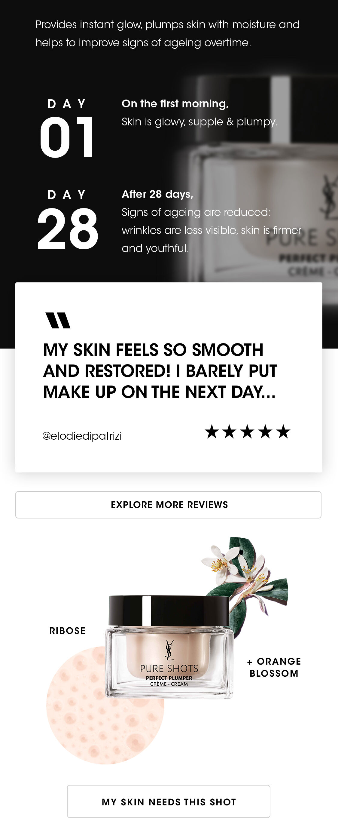 A promotional image for a skincare product showing a cream jar labeled "Pure Shots" alongside a circular texture pattern. Features text highlighting a 28-day transformation with before-and-after results related to skin smoothness and youthfulness. Includes a user testimonial and social media handle.
