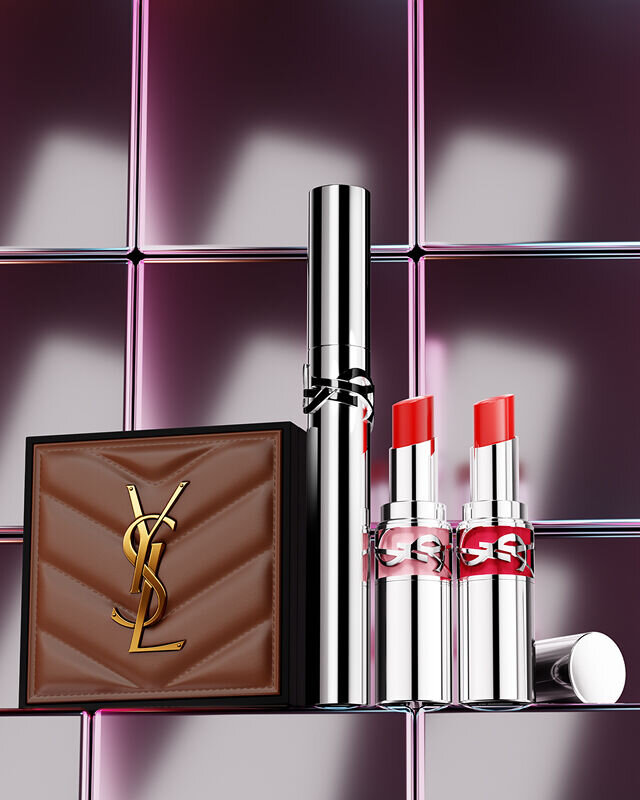 YSL All Hours Hyper Bronz, Loveshine lipstick, and Lash Latex Mascara on a reflective tiled background.