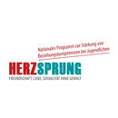 „HERZSPRUNG FREUNDSCHAFT, LIEBE, SEXUALITAT OHNE GEWALT“-Logo mit rotem und turkisfarbenem Text, sowie „Nationales Programm zur Starkung von Beziehungskompetenzen bei Jugendlichen“.
