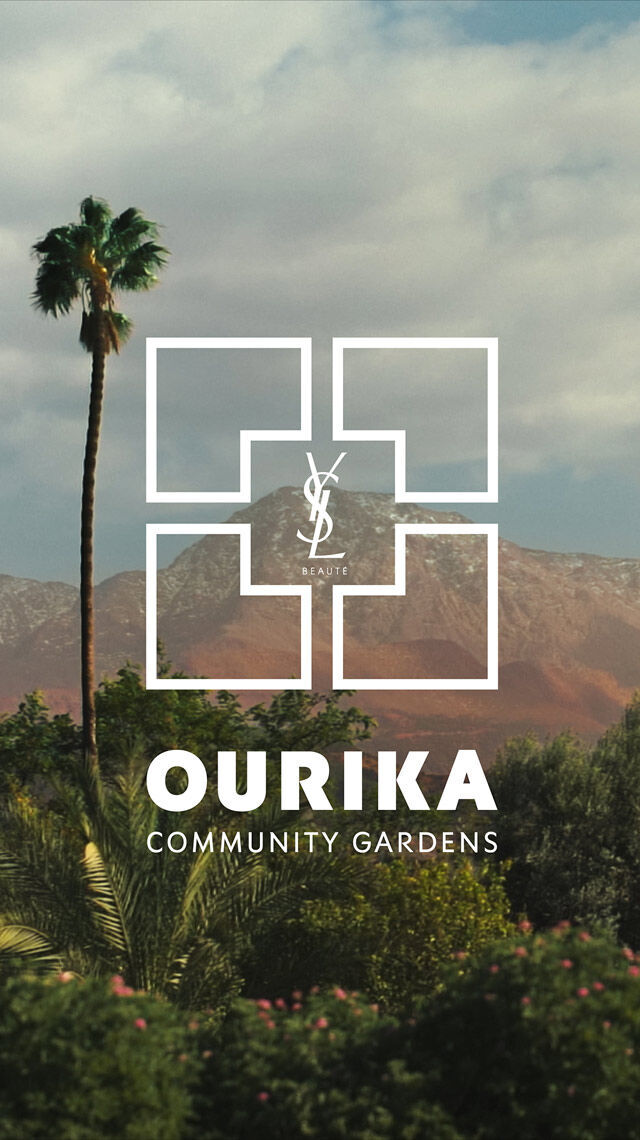 Eine Landschaft mit Palmen, grunem Laub und Bergen unter einem bewolkten Himmel. Ein weißes YSL Beaute-Logo und der Text "OURIKA COMMUNITY GARDENS" sind uberlagert.