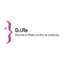 „D.i.Re Donne in Rete contro la violenza“-Logo mit einem Punkt und einer stilisierten rosa-violetten Klammer, in einem weißen Kreis.