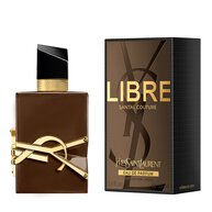 Libre Santal Couture Flakon mit seiner Verpackung in glasiertem Braun und ubergroßer goldener YSL Cassandre
