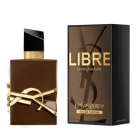 Libre Santal Couture Flakon mit seiner Verpackung in glasiertem Braun und ubergroßer goldener YSL Cassandre