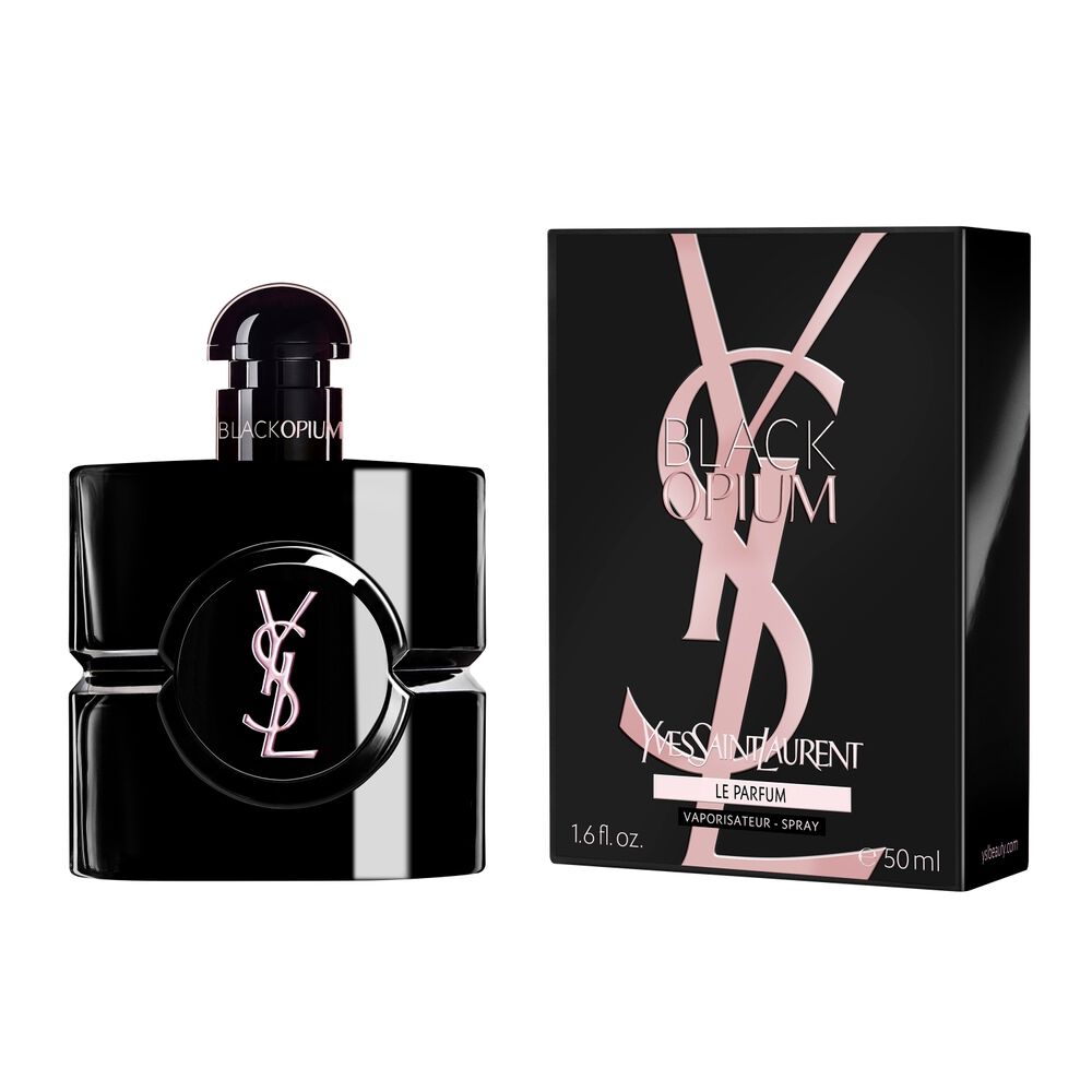 Black Opium Le Parfum Flakon neben seiner schwarzen Box mit der rosafarbenen YSL Cassandre.