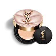YSL SKIN AFFAIR SOFT GLOW CUSHION FOUNDATION. Rosafarbenes, gestepptes Couture-Etui mit goldenem Logo und schwarzem Make-up-Applikator.