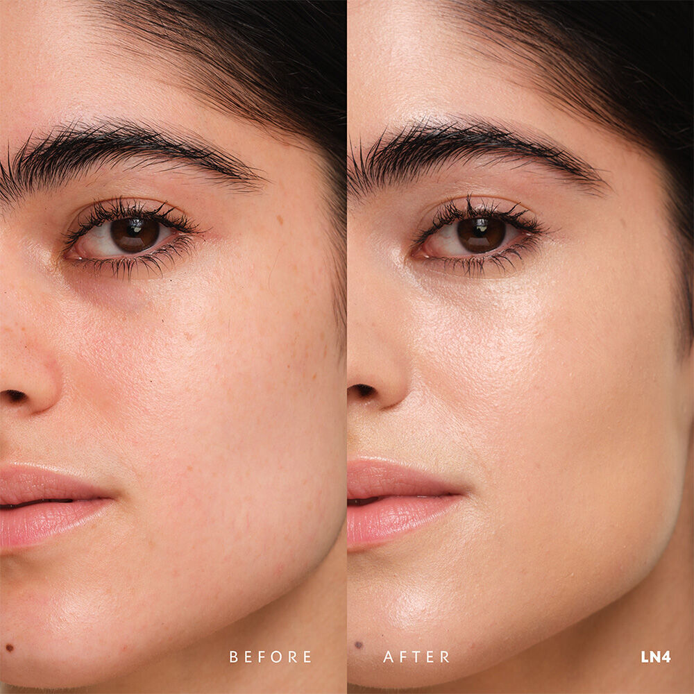 Vorher und nachher: YSL SKIN AFFAIR SOFT GLOW CUSHION FOUNDATION LN4. Ebenmaßiger Teint mit nahtlosem, strahlendem Soft-Glow-Finish.