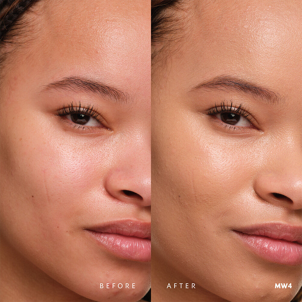 Vorher und nachher YSL SKIN AFFAIR SOFT GLOW CUSHION FOUNDATION MW4. Einheitlicher Teint mit nahtlos strahlendem Soft-Glow-Finish.