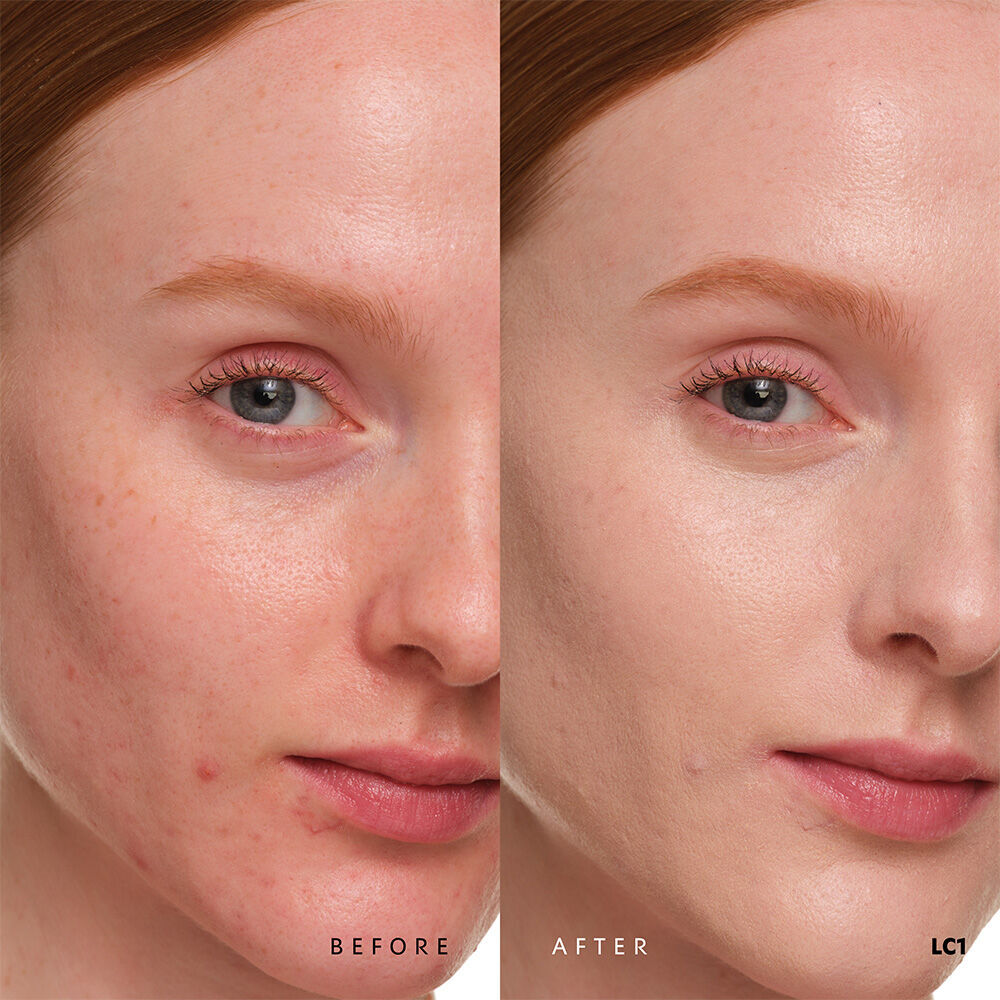 Vorher und nachher YSL SKIN AFFAIR SOFT GLOW CUSHION FOUNDATION LC1. Ebenmaßiger Teint mit nahtloser, strahlend weicher Glow-Oberflache.