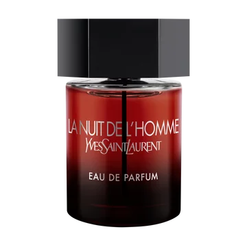 The Bottle front-facing shot of the La Nuit de l’Homme Eau de Parfum bottle, featuring a deep red-to-black gradient glass and a signature matte black hexagonal cap.