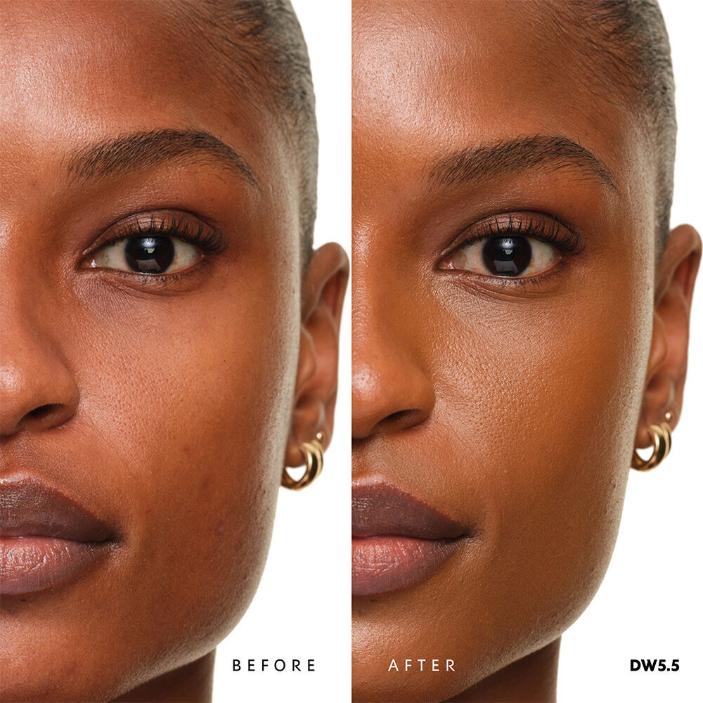 Vorher und nachher YSL SKIN AFFAIR SOFT GLOW CUSHION FOUNDATION DW5.5. Vereinheitlichter Teint mit nahtlosem, strahlendem Soft-Glow-Finish.