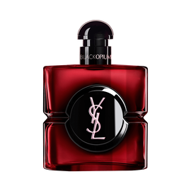 Black Opium Over Red Flakon in tiefrotem Lack mit schwarzem Zentrum und YSL-Logo.