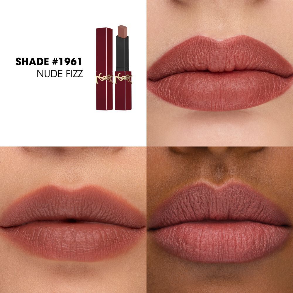 Nahaufnahmen von YSL The Slim Collector Farbton #1961 Nude Fizz auf drei verschiedenen Lippenstimmungen.