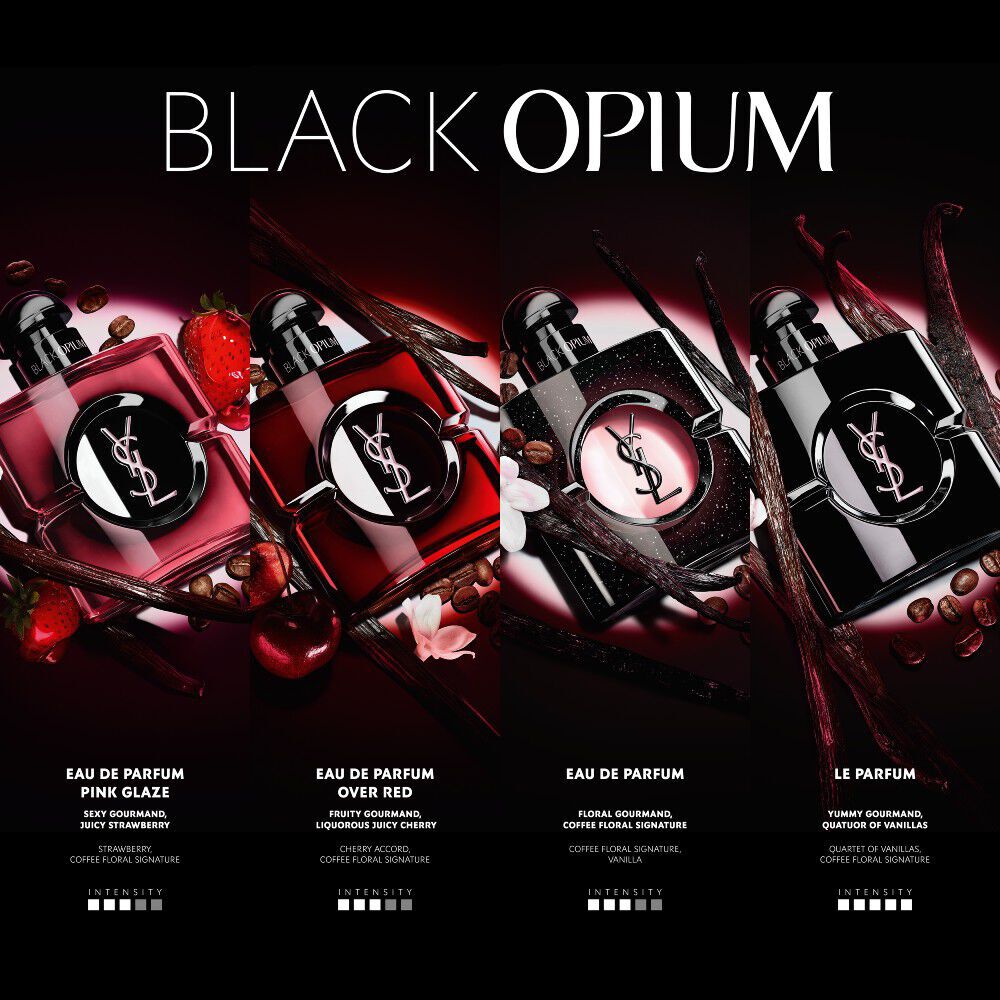 YSL Black Opium Vergleich der Noten und Intensitaten von vier Duften: Pink Glaze (Erdbeere), Over Red (Kirsche), Eau de Parfum (klassisch, Kaffee und Bluten) und Le Parfum (Vanille-Quartett).