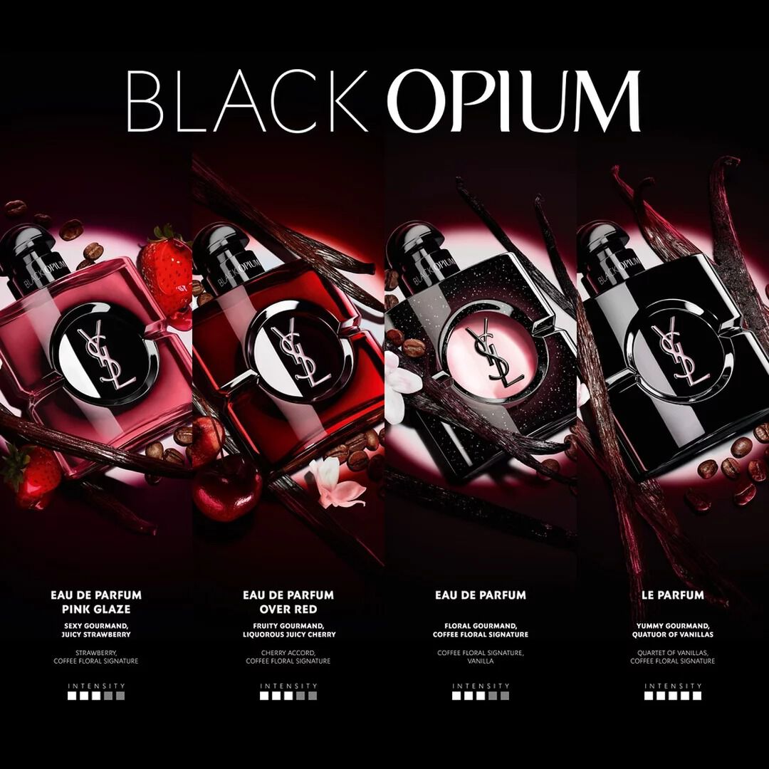 YSL Black Opium Vergleich der Noten und Intensitat von vier Duften: Pink Glaze (Erdbeere), Over Red (Kirsche), Eau de Parfum (klassisch: Kaffee und Bluten) und Le Parfum (Vanille-Quartett).