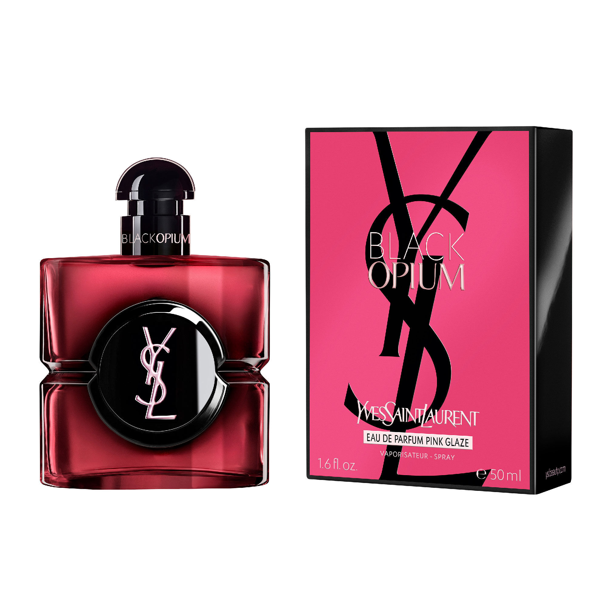 Black Opium Eau de Parfum Pink Glaze Flakon neben seiner
                        fuchsiafarbenen und schwarzen Box mit dem YSL Cassandre.