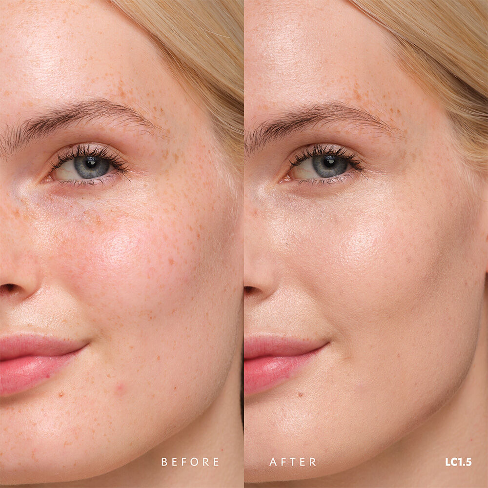 Vorher und nachher YSL SKIN AFFAIR SOFT GLOW CUSHION FOUNDATION LC1.5. Ein ebenmaßiger Teint mit nahtlosem, strahlendem Soft-Glow-Finish.