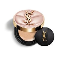YSL SKIN AFFAIR SOFT GLOW CUSHION FOUNDATION. Rosa gesteppte Couture-Hulle mit goldenem Logo und schwarzem Make-up-Applikator.