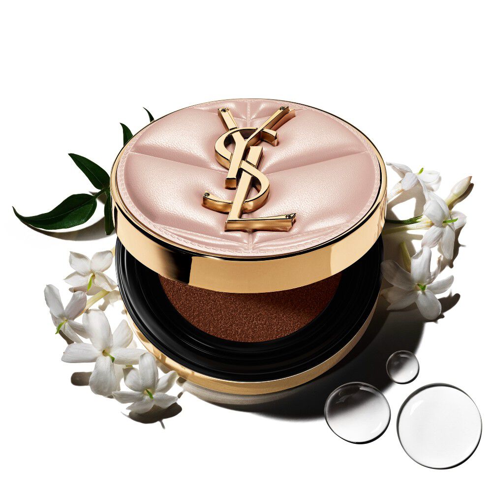YSL SKIN AFFAIR SOFT GLOW CUSHION with jasmine petals and water drops. Serum-infused formula for instant hydration and glow.