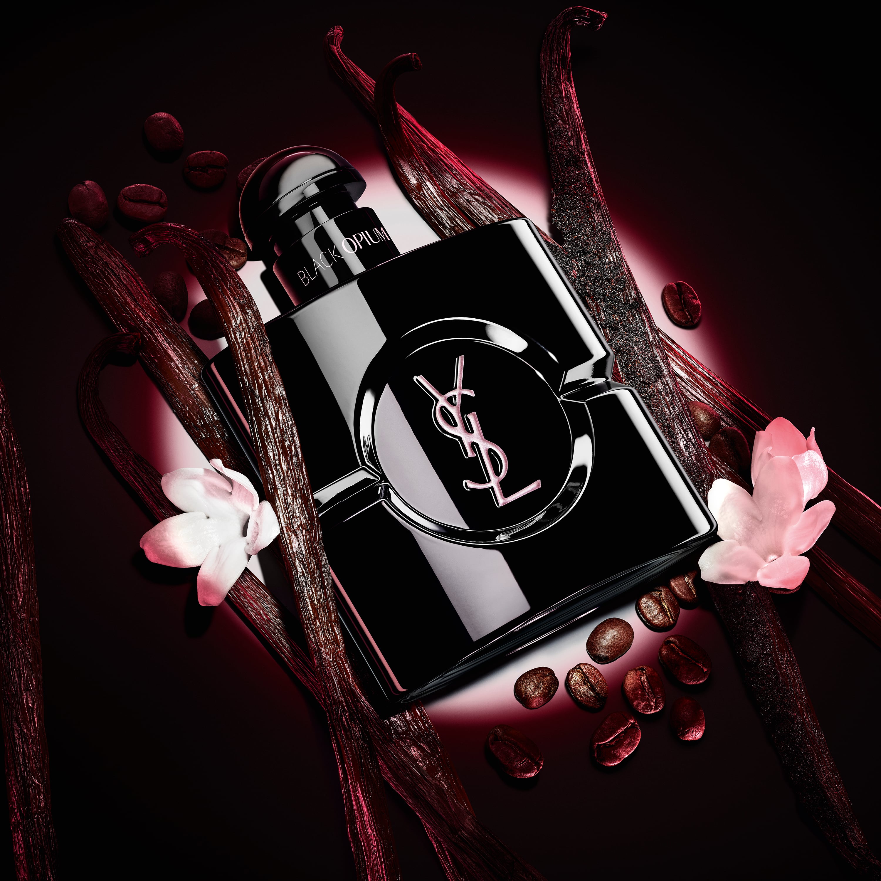 Black Opium Le Parfum Flakon in glänzendem Schwarz, umgeben von dunklen Vanilleschoten und weißem Jasmin.