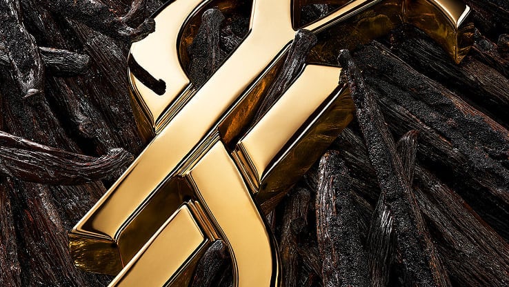 YSL LIBRE gold Cassandre logo nestled among rich vanilla pods, showcasing the warm, sweet essence of the fragrance.
