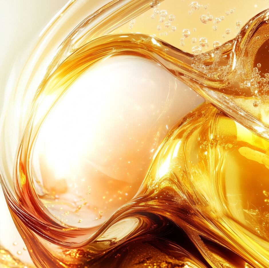 Inhaltsstoffe der YSL Pure Shots Eye Reboot Cream im Fokus: abstrakte goldene Flüssigkeit mit Bläschen, die den Koffein-Vitamin-Komplex darstellt.