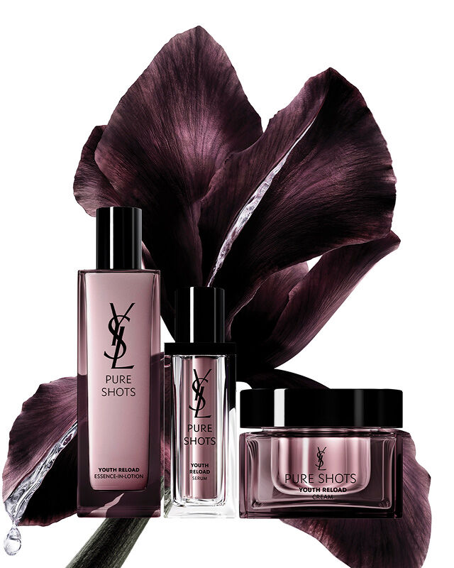 YSL Beauty Pure Shots Youth Reload Essence-in-Lotion, Serum, Cream mit Irisblume.